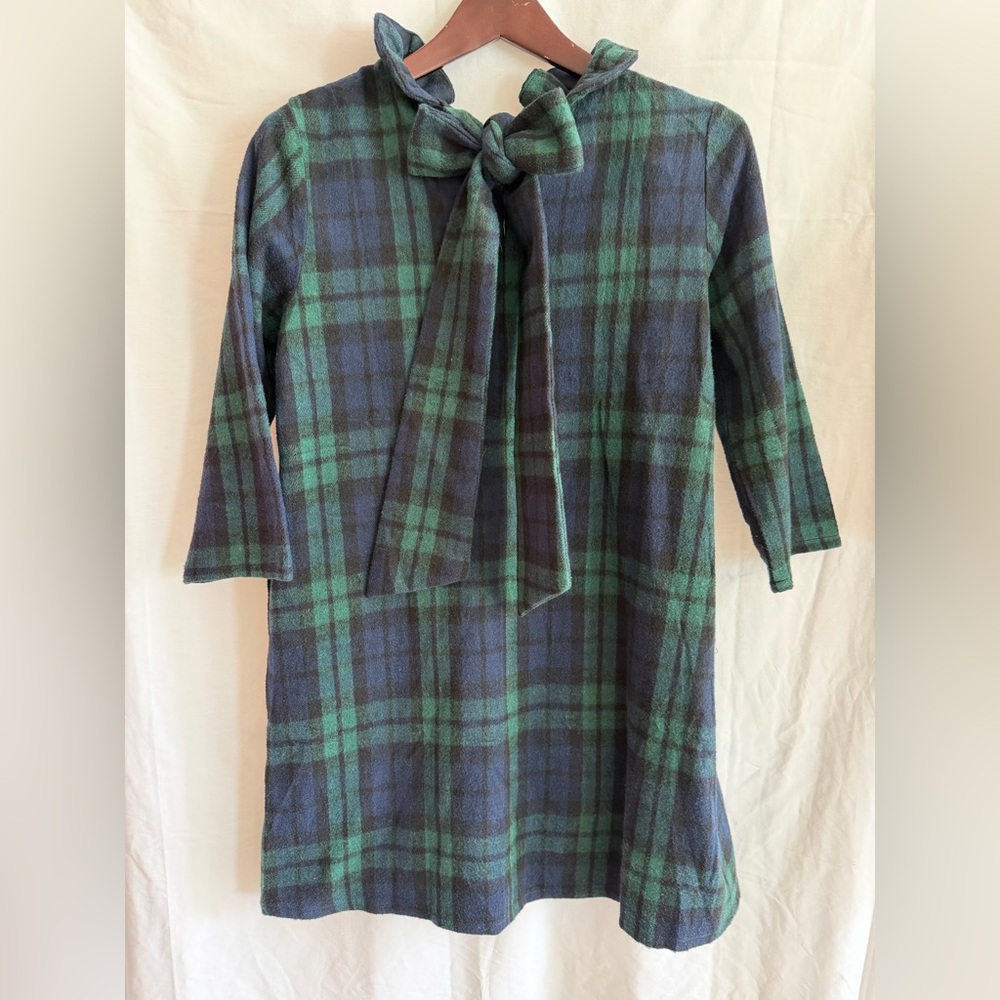 Plaid autumn dress with bow, long sleeves, straight cut with pockets, size S - Picture 6 of 7